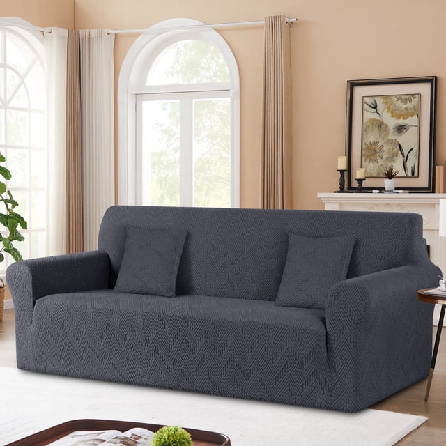 Timeles Stretch Sofa Cover 1 Piece Couch Covers for 3 Cushion Couch Non Slip Universal Sofa Slipcover Washable Soft Jacquard Furniture Protector with 2 Throw Pillow Covers (3 Seater, Dark Gray)