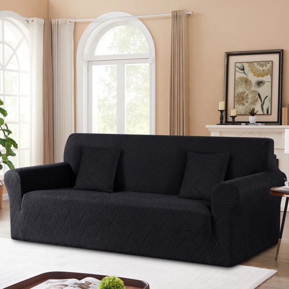 Timeles Stretch Sofa Cover 1 Piece Couch Covers for 3 Cushion Couch Non Slip Universal Sofa Slipcover Washable Soft Jacquard Furniture Protector with 2 Throw Pillow Covers (3 Seater, Black)
