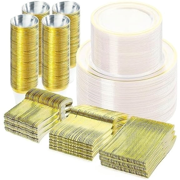 Timeless 600PCS Clear Gold Disposable Dinnerware Set for Any Special Occasion