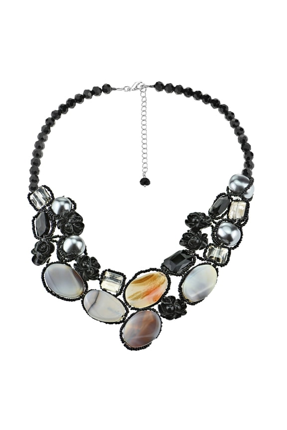 Timeless Agate Oval Bubble and Black Roses Statement Necklace