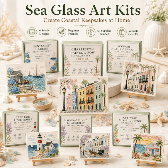 Timeless American Destinations Sea Glass Art Kit, 1 Selected Design DIY Mosaic Craft Set with Colorful Glass Stones, Coastal City Art Project for Adults, 6 Styles Available