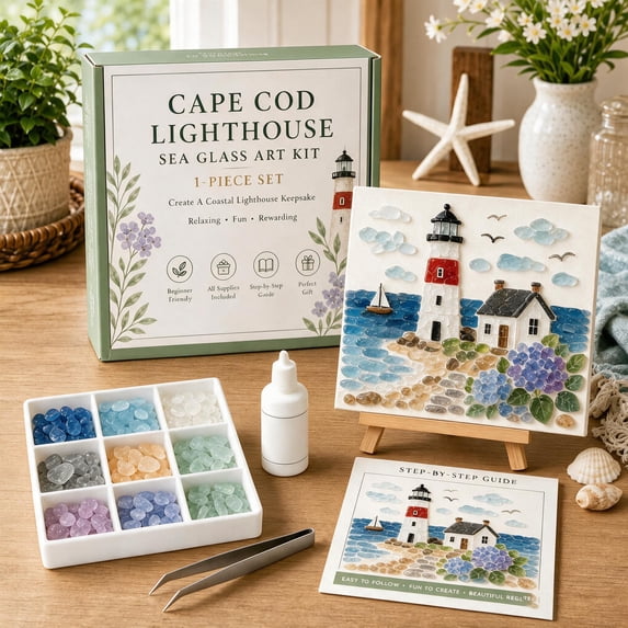 Timeless American Destinations Sea Glass Art Kit, Coastal Lighthouse Easy Mosaic Craft Kit, Step-by-Step Tools, Beginner Friendly Art Decor