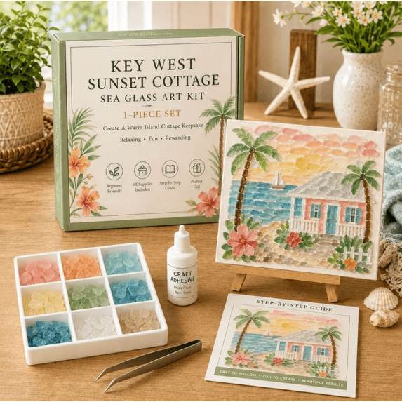 Timeless American Destinations Sea Glass Art Kit, DIY Coastal Mosaic Craft Set for Adults & Beginners, Handmade Home Decor Gift, 6 Travel-Inspired Styles