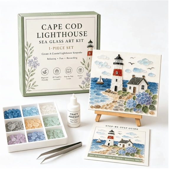 Timeless American Destinations Sea Glass Art Kit – DIY Mosaic Craft with Colorful Glass Stones, Coastal Wall Art Project for Adults Beginners, Handmade Home Decor Gift