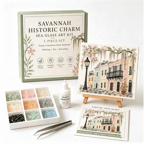 Timeless American Destinations Sea Glass Art Kit – DIY Mosaic Craft Kit with Colorful Glass Stones, Coastal Wall Art Project for Adults Beginners, Handmade Home Decor Gift