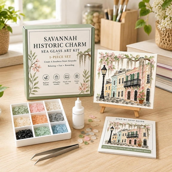 Timeless American Destinations Sea Glass Art Kit, Historic Southern Street Beginner Mosaic Set, Full Tools Accessories, Unique Holiday Gift Idea