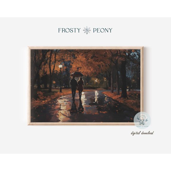 Timeless Autumn Rainy Night Walk Art Print, Moody Rainy Street Scenery Wall Art, Autumn Rainy Night Art, Wall Art, Modern Wall Decor, 16x24 UNFRAMED