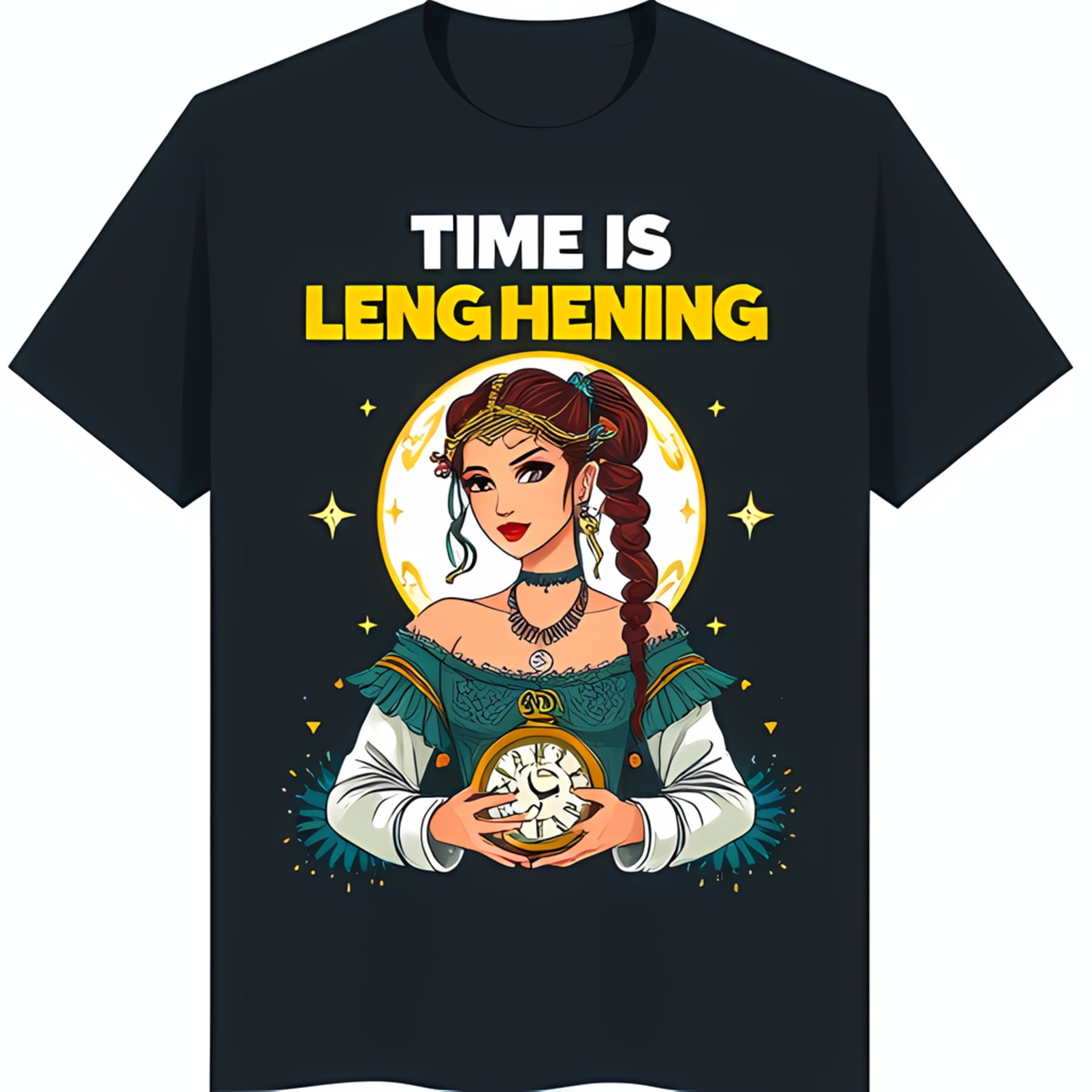 Timeless Beauty Black TShirt with Flower Crown Woman & Vintage Pocket