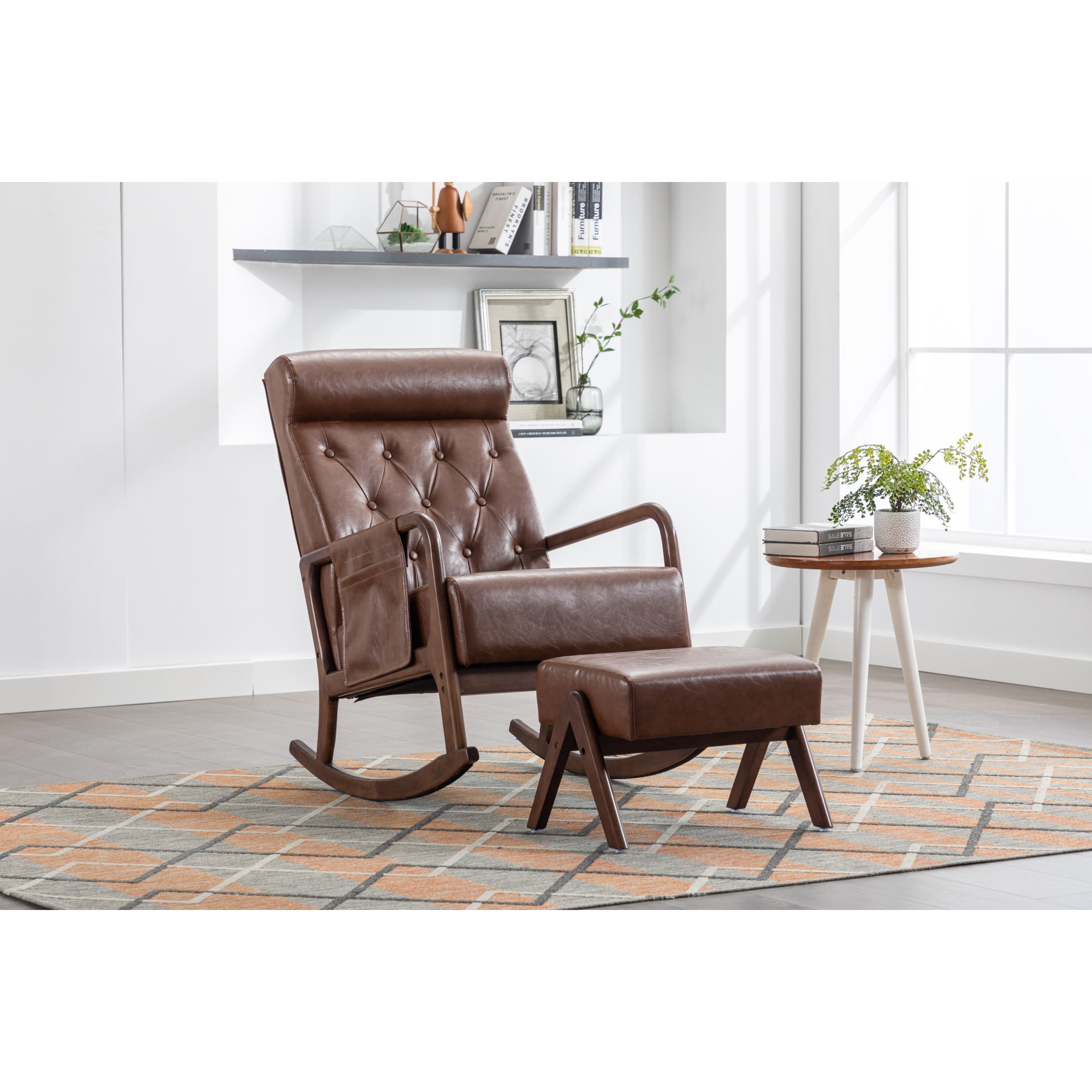 Timeless Brown PU MidCentury Modern Rocking Chair & Ottoman Combo