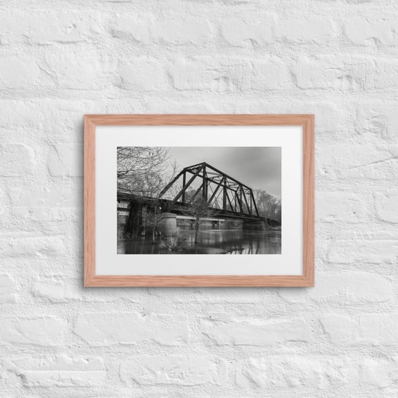 "Timeless Crossing" — Black & White Railroad Bridge Art Framed Poster (Red Oak, 12″×16″)