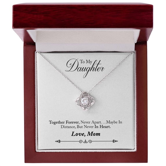 Timeless To My Daughter - Together Forever, Never Apart...Maybe In Distance, But Never In Heart - Mother Daughter - Love Knot Necklace - White/Yellow Plated - Message Card & Gift Box