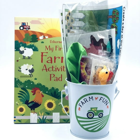 Timeless Desserts Farm Animals Theme Gift Basket for Kids-Book, Birthday Favor, Cow, Pig