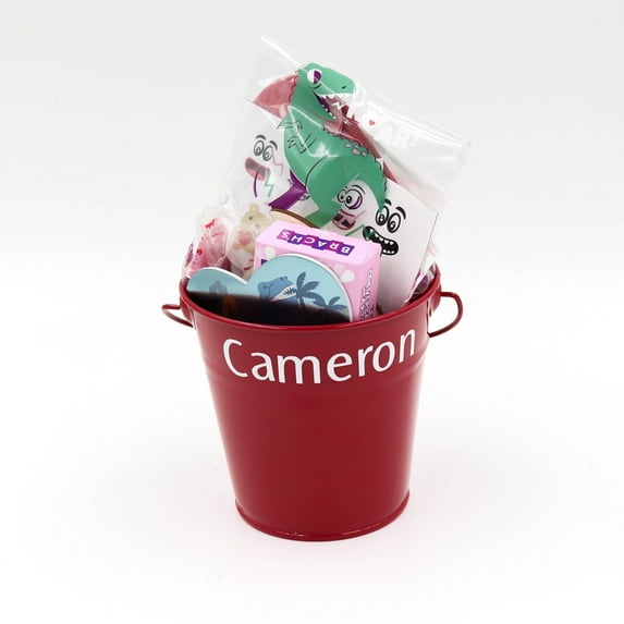 Timeless Desserts Valentine Gift for Kids, Dinosaur, Pre-filled, Personalized, Red, Crafts, Candy 4in