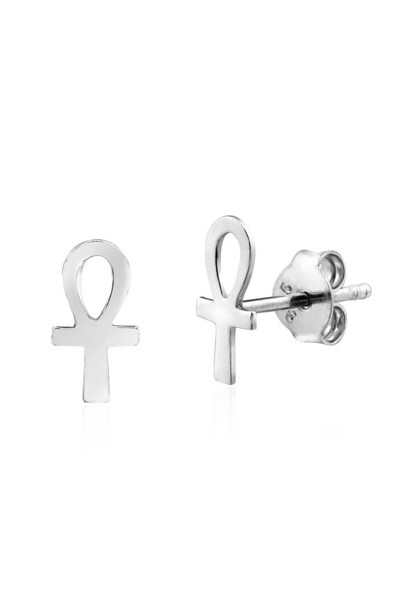 Timeless Egyptian Ankh Cross Hieroglyph .925 Sterling Silver Stud Earrings