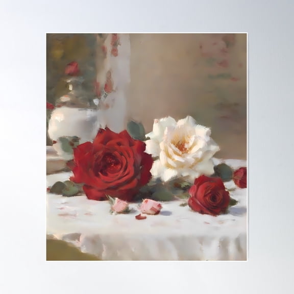 Timeless Elegance: Red And White Roses In Close-Up Poster Wall Art, Modern Wall Decor For Living Room Bedroom, 8x12 UNFRAMED