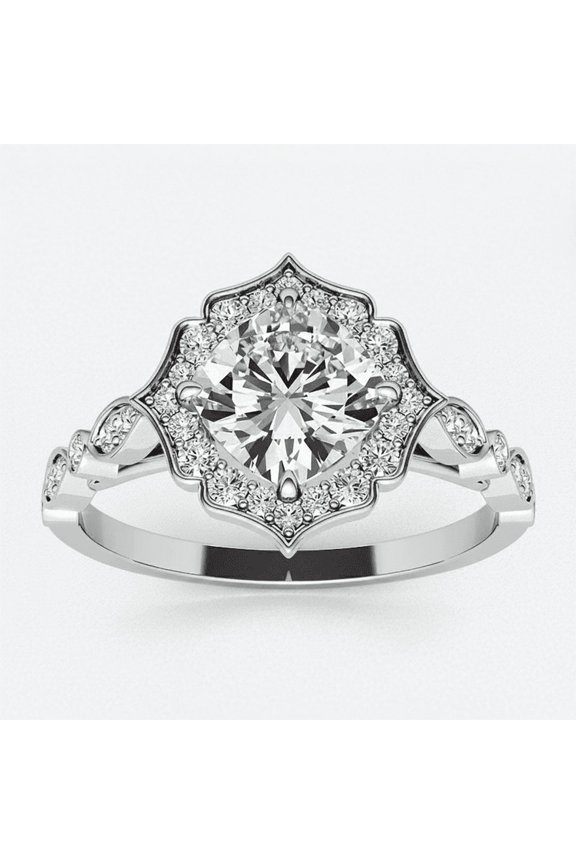 Floral Engagement Ring 2.65 Carat Cushion Cut Moissanite Halo Wedding Ring in 18K White Gold Plating over Silver