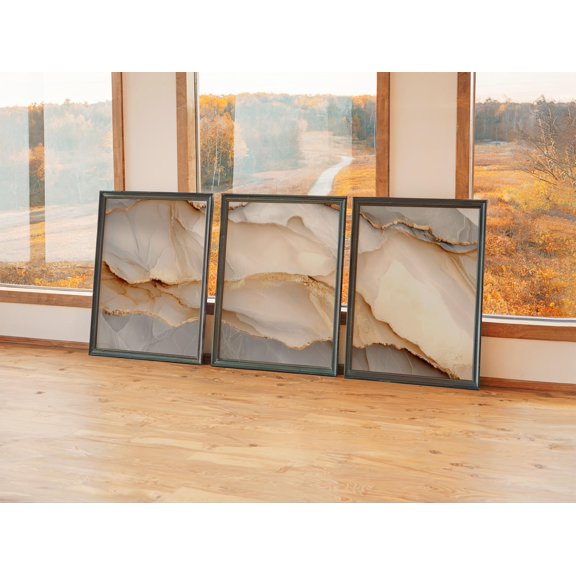 Timeless Elegant Golden Marble Texture Triptych Luxury Cream Stone Gallery Set For Decorative Wall Art Poster, , Poster Only