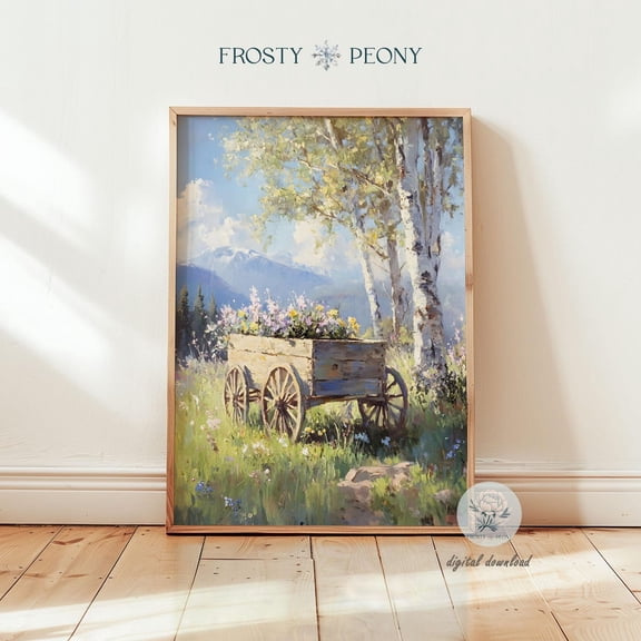 Timeless Flower Cart In Spring Meadow Scenery Art Print, Colorful Spring Wildflower Meadow Landscape Art, Wall Art, Modern Wall Decor, 12x18 UNFRAMED