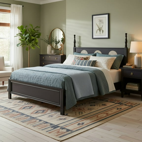 Solid Wood Queen Size Four Poster Bed Rattan Rubber Bed Frame, 1100lbs Weight Capacity,Sturdy and Mid Century Design