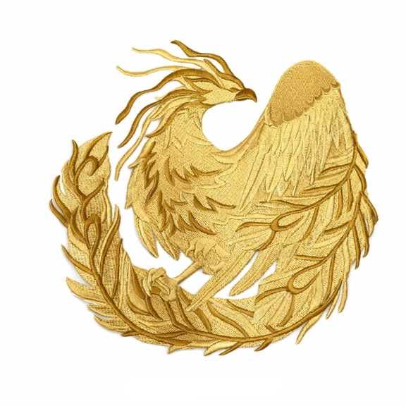 Timeless Heraldry Phoenix Embroidered Patch 7.59" W X 7.81 H Ornate Antique Gold Mythic Rebirth Emblem, Large High-Detail Iron-On or Sew-On
