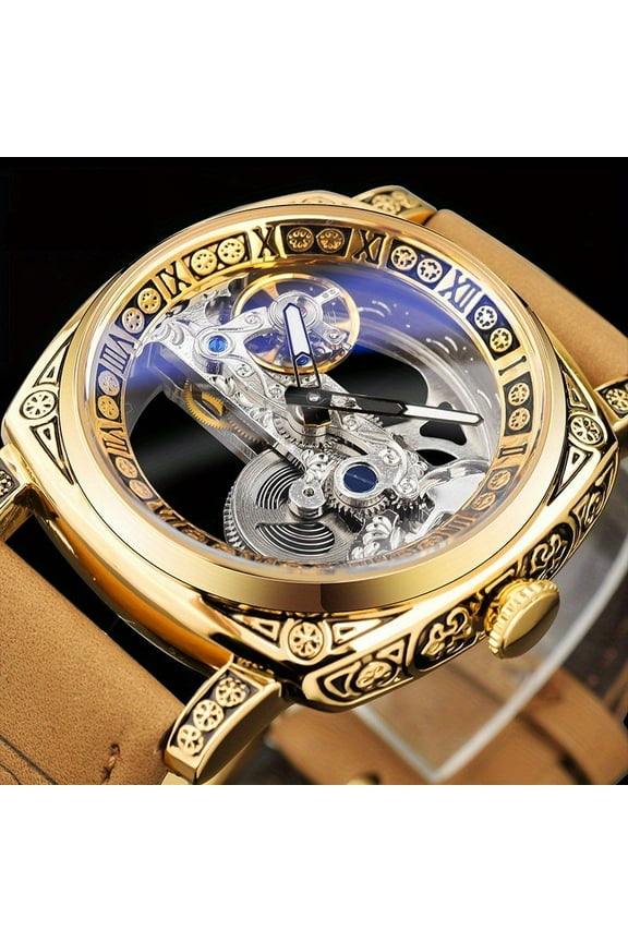 Timeless Luxury Square Mechanical Watch - Intricate Carvings, Dual Skeleton Dial, Automatic Self-Wind, Vintage Leather Strap Wristwatch