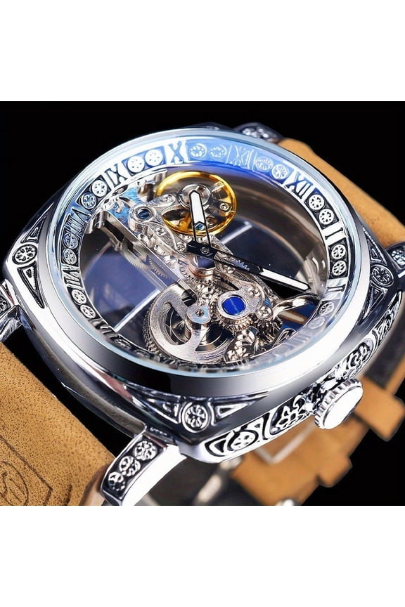 Timeless Luxury Square Mechanical Watch - Intricate Carvings, Dual Skeleton Dial, Automatic Self-Wind, Vintage Leather Strap Wristwatch