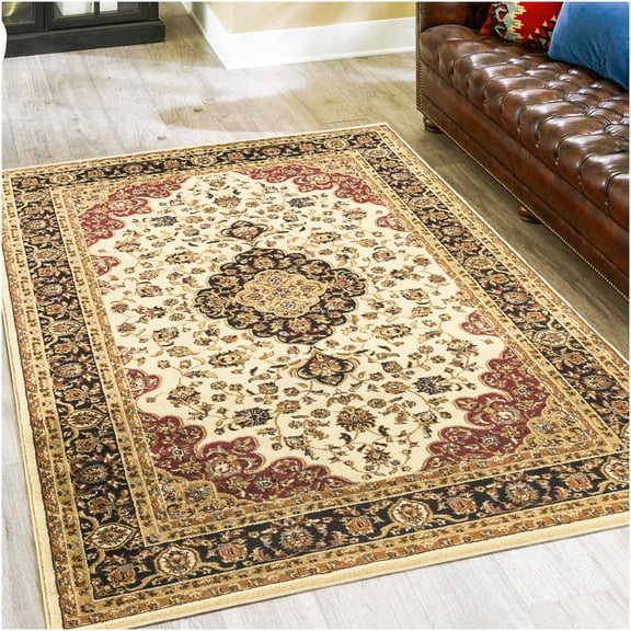 Timeless Medallion Pattern Cream Polypropylene 7 ft 10 in x 10 ft 3 in Area Rug for Cozy Interior Spaces