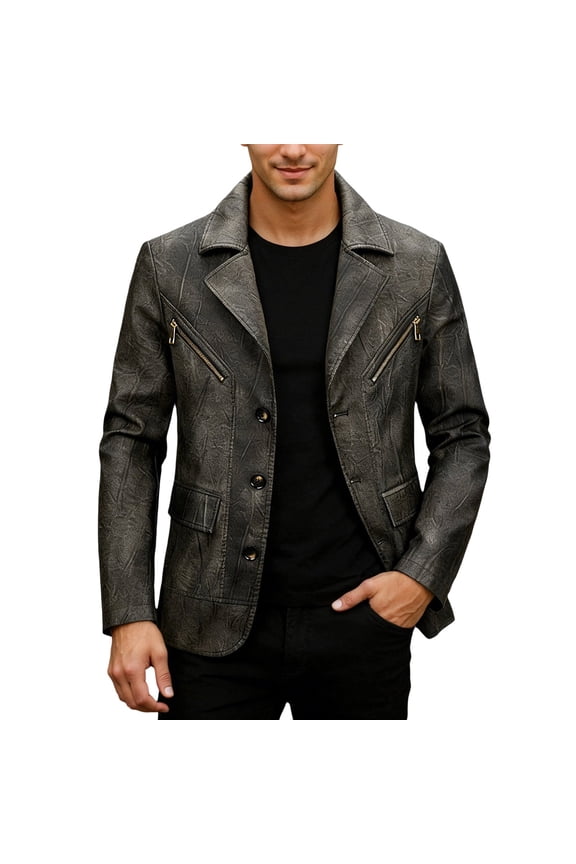 Timeless Men's Faux Leather Blazer Jacket, Slim Fit Casual Outerwear in Modern Korean Design, Vintage Lightweight Overcoat with Pockets for Fall Winter