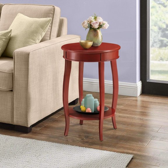 Timeless Red Round Side Table with Bottom Shelf Storage