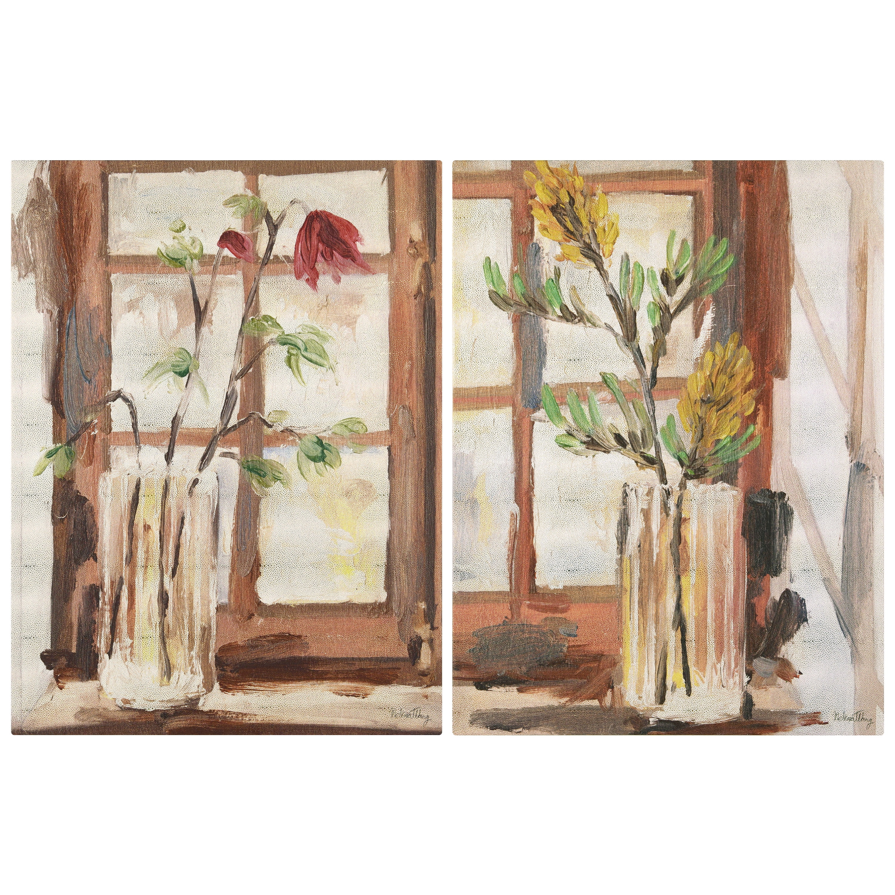 "Timeless Serenity I & II" Vase by the Window on Gold Metallic Shagreen Wrapped Canvas Wall Art Set, each sized 48"x36"