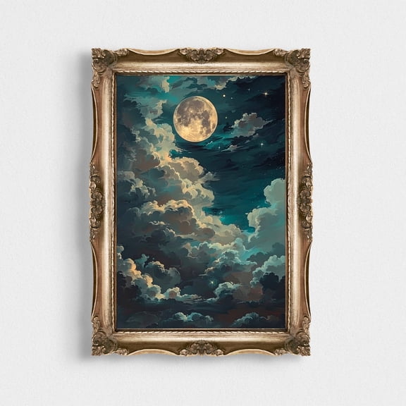 Timeless Star Gazing Vintage Night Landscape Night Sky Wall Decor Cloudy Moon Celestial, Unframed Paper Print
