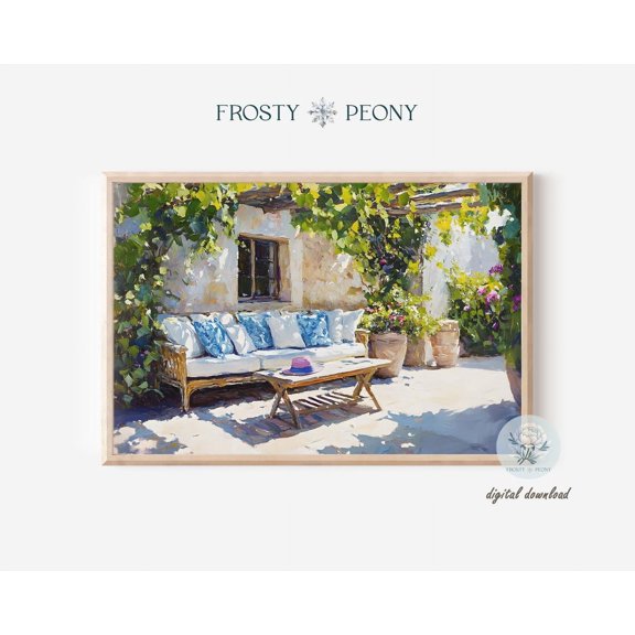 Timeless Sunlit Mediterranean Courtyard Art Print, Floral Courtyard Wall Art, Cozy Mediterranean Patio Art, Wall Art, Modern Wall Decor, 12x18 UNFRAMED