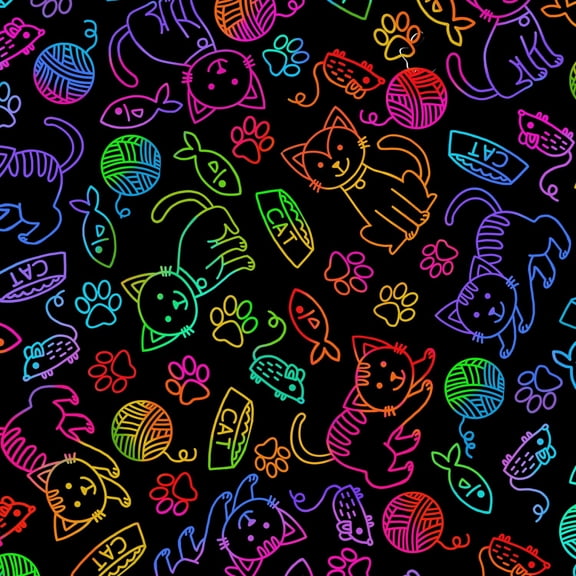 Timeless Treasures Cat & Mouse Rainbow Outline Bright Colored Black 100% Cotton Fabric by The Yard
