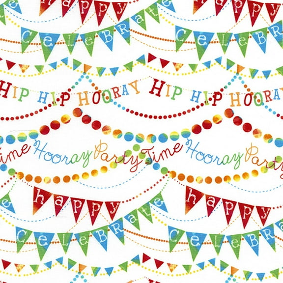 Timeless Treasures Childrens Birthday Party White Hip Hip Hooray 100% Cotton Fabric sold by the yard