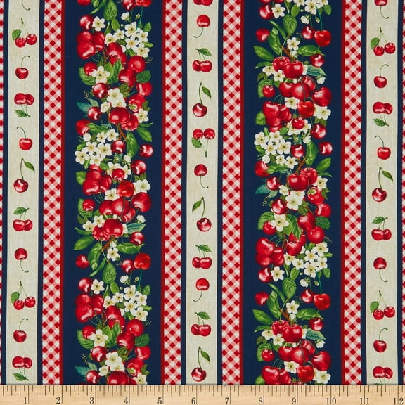 Timeless Treasures Digital Pie Cherry Stripe Fabric, Navy 100% Cotton Fabric sold by the yard