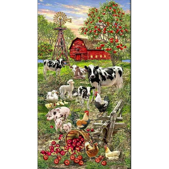 23" X 44" Panel Farm Life Cows Chickens Pigs Barns Lambs Apples Trees Timeless Treasures Multicolor Cotton Fabric Panel (PANELDG-C8335-MULTI)