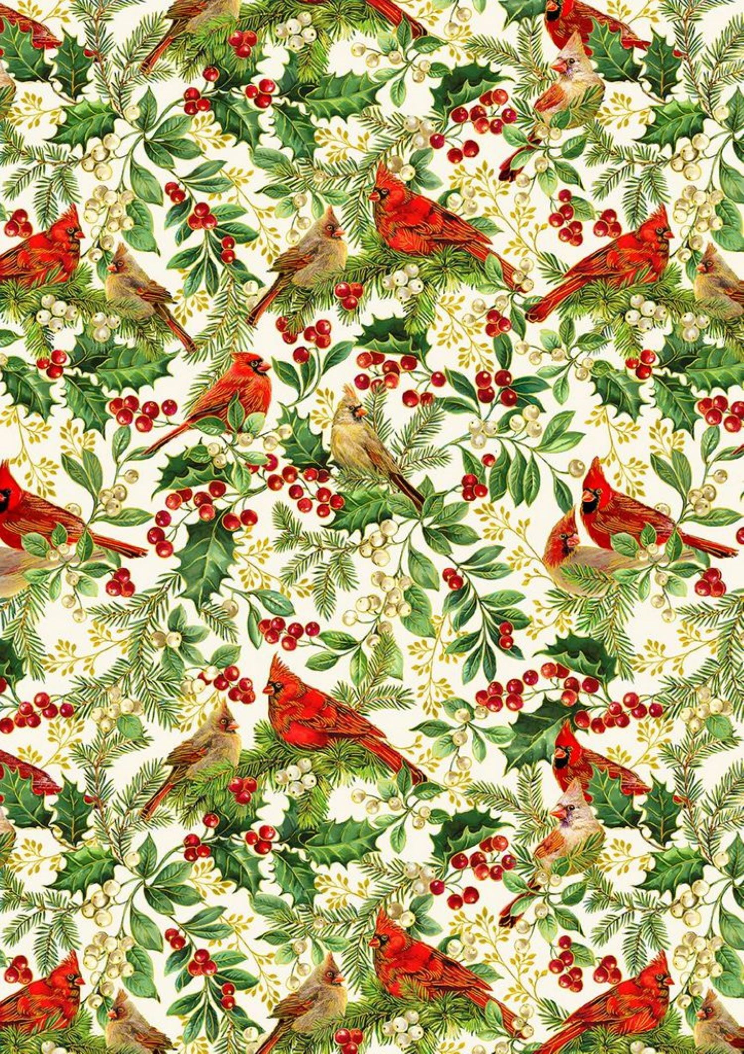 Timeless Treasures Holiday Christmas Cardinals on Branches White Cotton Fabric