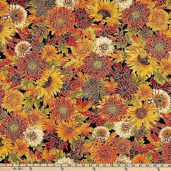 Timeless Treasures Metallic Autumn Leaves Packed Harvest Bouquets Fabric Black