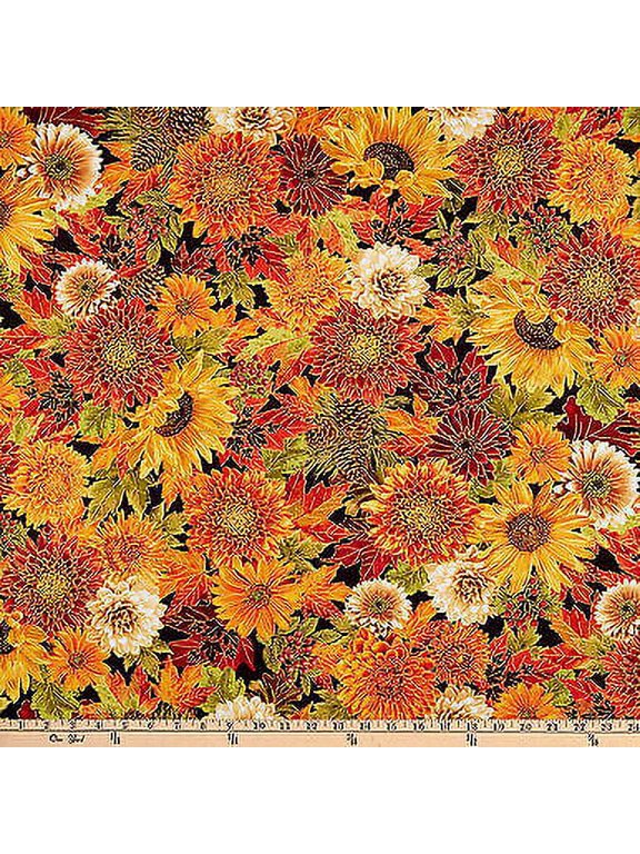 Metallic Autumn Leaves Packed Harvest Bouquets Fabric Black