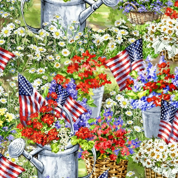 Timeless Treasures Patriotic Summer Garden Scenic 100% Cotton Fabric by The Yard