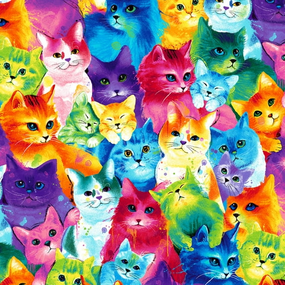 Timeless Treasures Rainbow Painted Bright Cats Multicolor 100% Cotton Fabric by The Yard