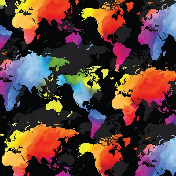 Timeless Treasures World Map Black/Multi 100% Cotton Fabric by The Yard