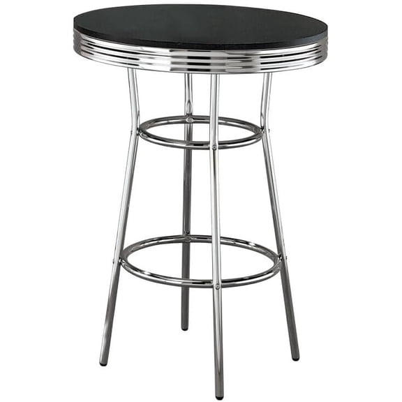 Timeless Trends Round Bar Table with Retro 1950s Soda Fountain Style, Black MDF Top, Chrome Ribbed Apron, Angled Steel Legs, Round Footrest, and 41.75" Height