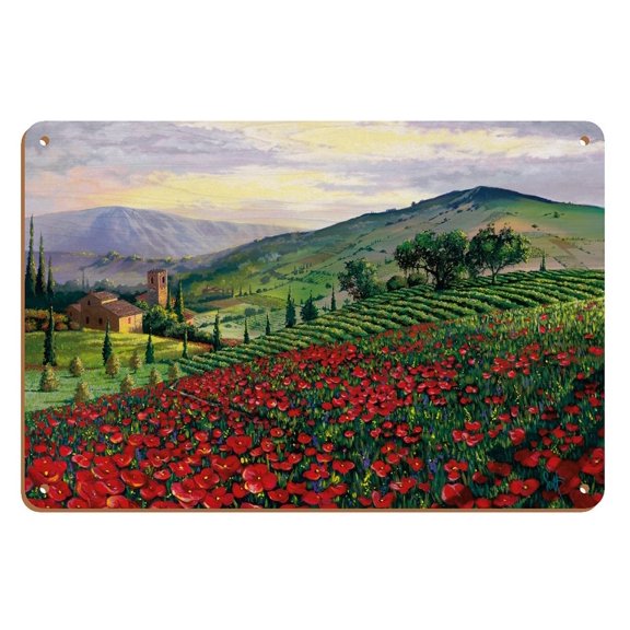 Timeless Tuscany - Italy - Flowerfield of Poppies - From an Original Color Painting by Scott Westmoreland - 8 x 12 inch Vintage Wood Art Sign