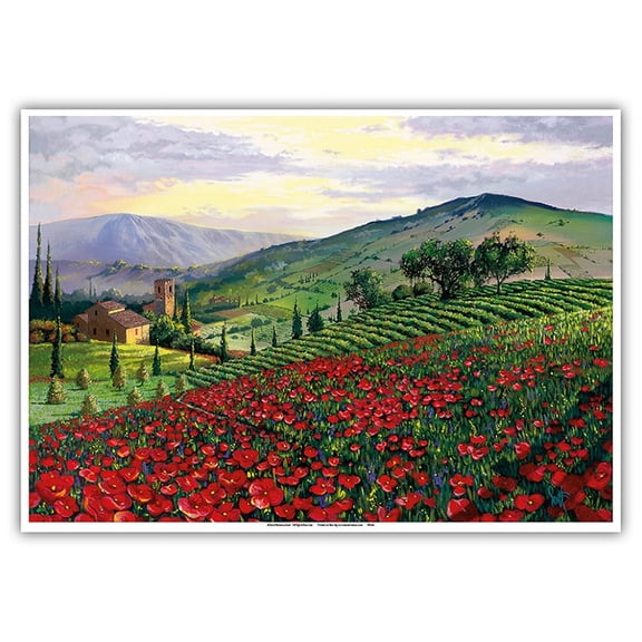 Timeless Tuscany - Italy - Flowerfield of Poppies - From an Original Color Painting by Scott Westmoreland - Master Art Print 10in x 14in