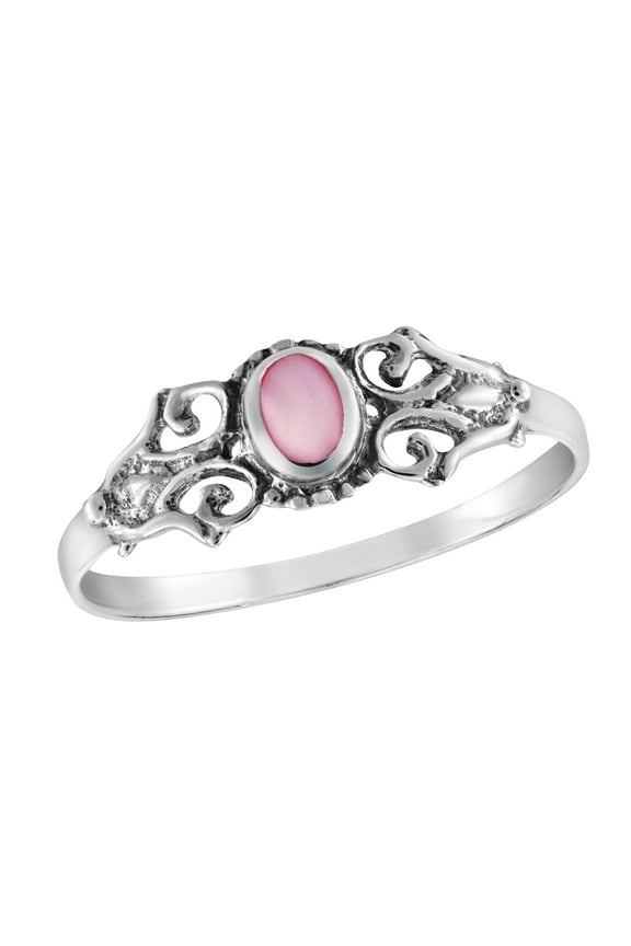 Timeless Vintage Beauty Oval Pink Mother of Pearl Sterling Silver Band Ring-7