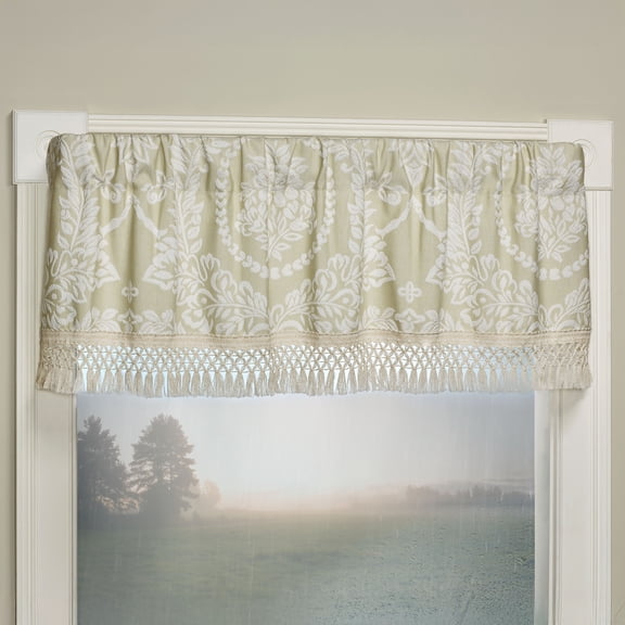 Timeless Woven Matelasse Window Valance, Neutral Sage and Ecru, Knotted Fringed Edge