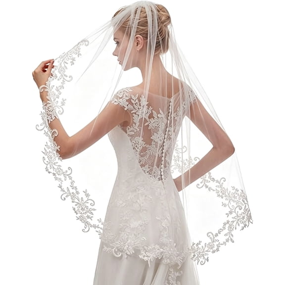 Timelessly Single Layer Bridal Veil with Flower Appliques Seethrough Sheer Veil
