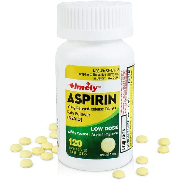 Timely by Time Cap Labs- 120 Count Low Dose Aspirin 81mg for Adults - Compared to Bayers - Enteric Coated Low Strength Aspirin Tablets - Pain Reliever for Minor Aches and Pains - Made in USA