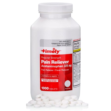 Timely Acetaminophen 325 MG Tablets 1000 Count - Regular Strength Pain Relief - Compared to the active ingredient in Regular Strength Tylenol - Menstrual Cramp, Fever Reducer, Minor Pain of Arthritis